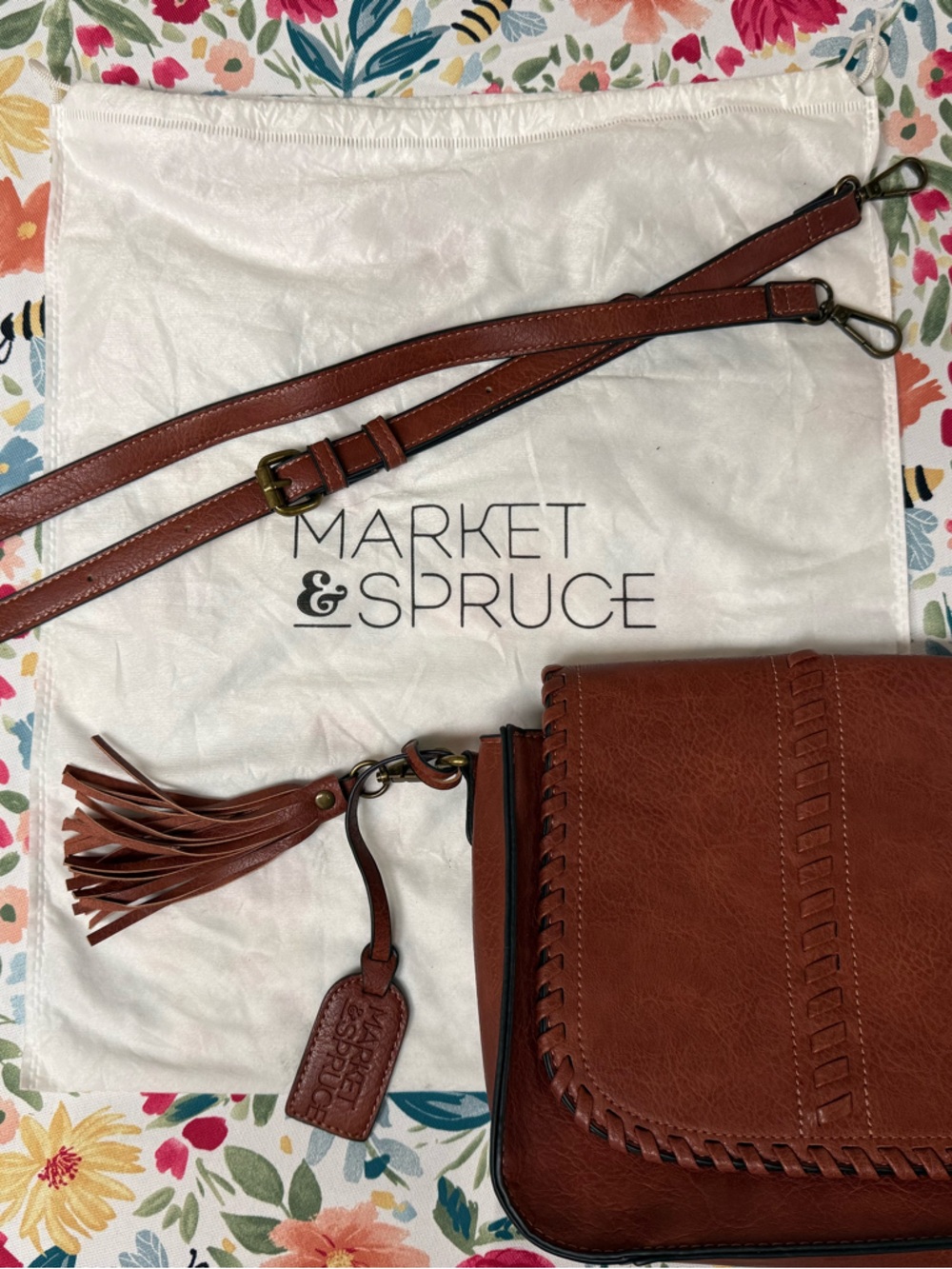 Market & Spruce Cognac Brown Woven Trim Leather Crossbody with Tassel